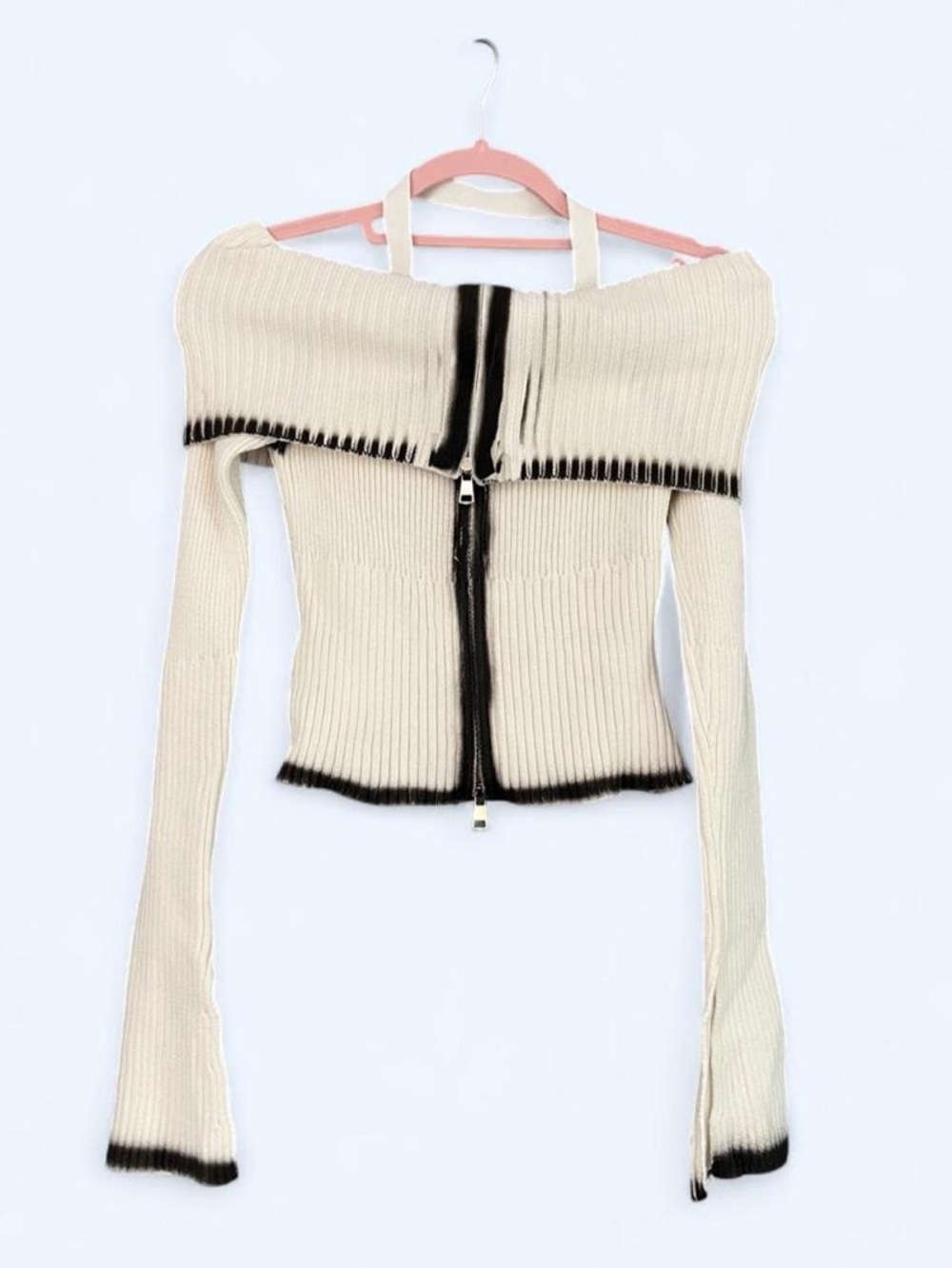 Shibuya 109 Off the Shoulder Contrast Zip Up Sweater